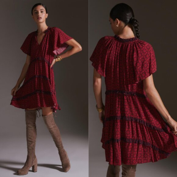 Anthropologie Robin Tiered Viscose Mini Dress Size XS Petite Red/Rounge - Picture 1 of 10